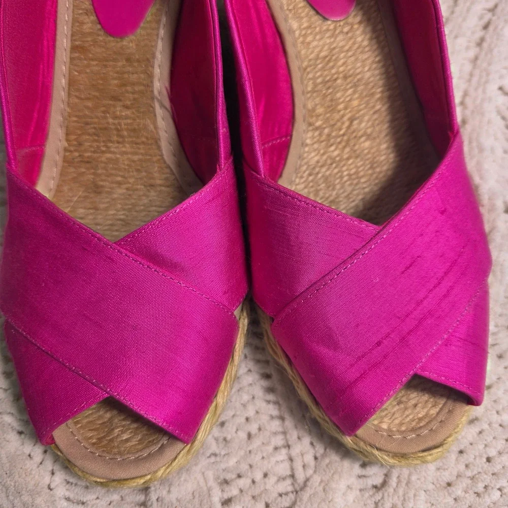 Ralph Lauren Cecilia Espadrille Wedge Heels Hot Pink Silk Peep Toe Womens 8.5B